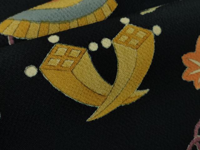平和屋着物●極上 訪問着 手描き 宝尽くし 黒地 鬼しぼ縮緬 逸品 DZAB4384kh6