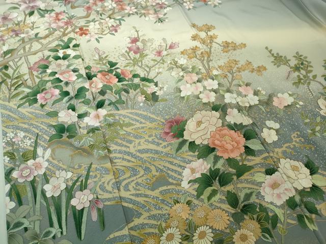 平和屋本店●極上 中国三大刺繍 スワトウ刺繍 汕頭刺繍 相良刺繍 訪問着 四季花文 パウダーブルー色地 暈し染め 金彩 逸品 DZAB4403kh6