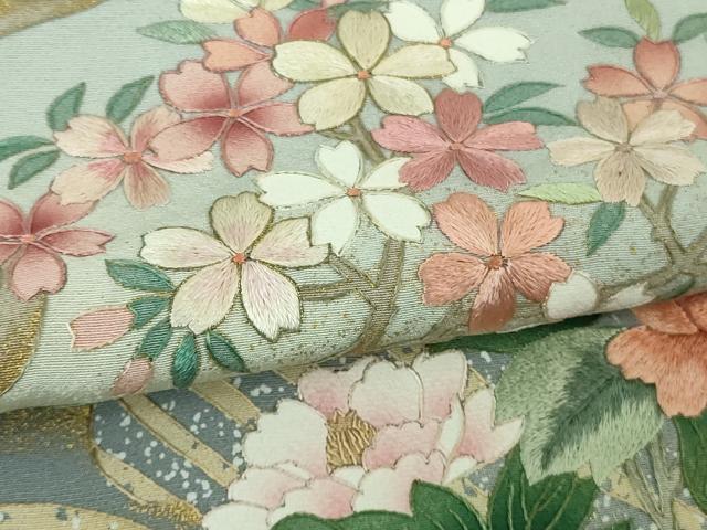 平和屋本店●極上 中国三大刺繍 スワトウ刺繍 汕頭刺繍 相良刺繍 訪問着 四季花文 パウダーブルー色地 暈し染め 金彩 逸品 DZAB4403kh6