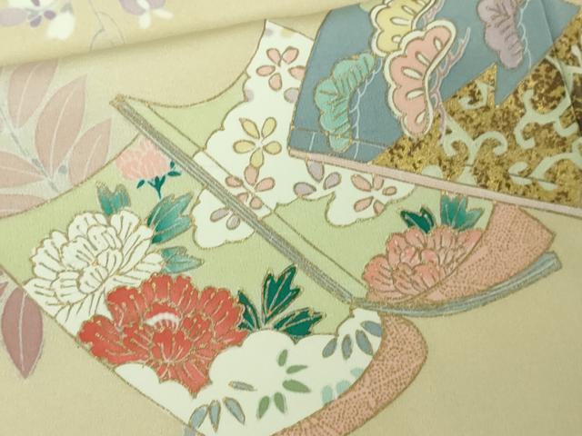 平和屋本店●極上 訪問着 駒刺繍 冊子花文 鳥の子色地 暈し染め 金彩 逸品 DZAB4409kh6