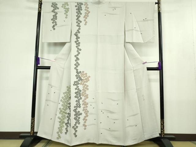 平和屋着物●極上 日本画家 手描き作家 デザイナー 高橋威至 BANKANわものや 訪問着 舞桜 白梅鼠色地 反端付き 逸品 未使用 DZAB4411kh6