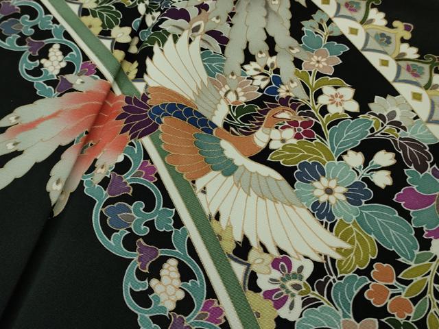 平和屋本店●極上 訪問着 鳳凰更紗花文 黒地 金彩 逸品 DZAB4416kh6