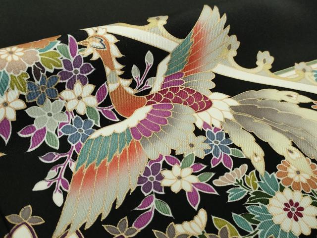 平和屋本店●極上 訪問着 鳳凰更紗花文 黒地 金彩 逸品 DZAB4416kh6