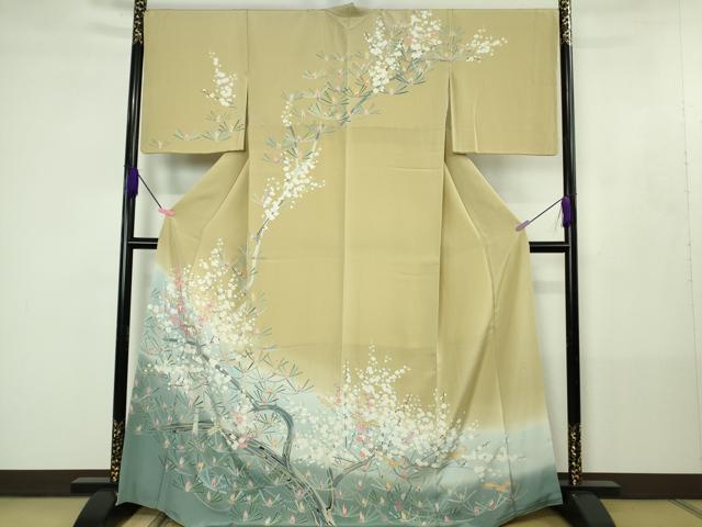 平和屋着物●極上 訪問着 友禅 作家物 群鳥 梅松文 枯色地 暈し染め 逸品 DZAB4419kh6