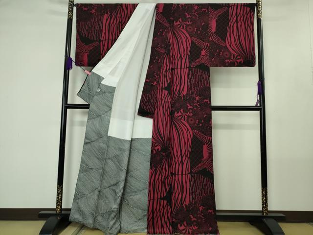 平和屋本店●極上 キモノデザイナー 斉藤上太郎 小紋 草花飛鶴シルエット 濃紅色地 反端付き 逸品 DZAB4420kh6