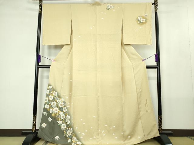 平和屋着物●極上 訪問着 作家物 吉祥花しるし はまなす 蒸栗色地 暈し染め 金彩 逸品 未使用 DZAB4425kh6