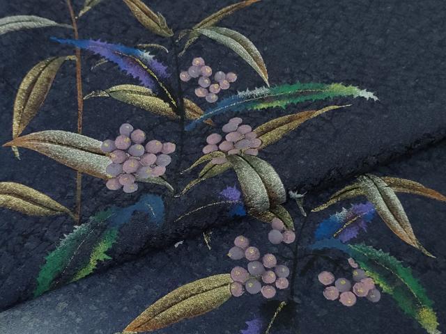 平和屋着物●極上 和紙染染色作家・植村彩弘 訪問着 南天草葉文 留紺色地 暈し染め 金彩 やまと誂製 逸品 未使用 DZAB4429kh6