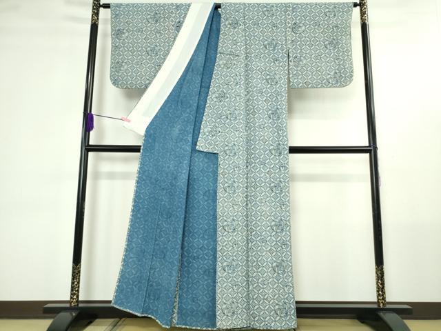 平和屋本店▽極上 浦野理一 型染 小紋 単衣 七宝 南天草葉丸文 鬼しぼ縮緬 逸品 DZAB4442kh6
