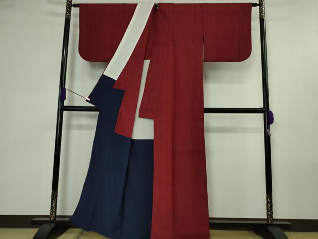 平和屋本店●極上 浦野理一 経節紬 背抜き仕立て 色無地 真紅色 逸品 DZAB4446kh6