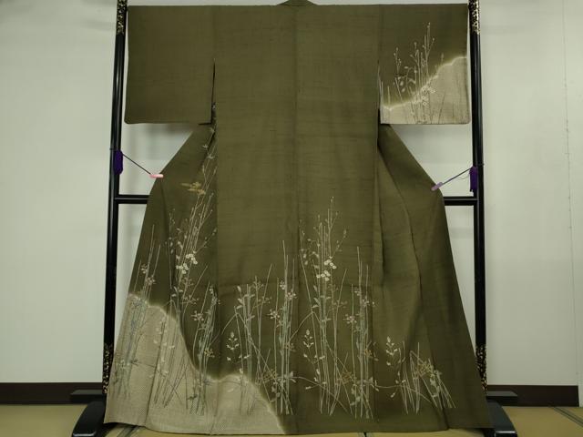 平和屋着物●極上 染織の名門 しょうざん 生紬 訪問着 木賊 枝花 利休色地 暈し染め 逸品 DZAB4470kh6