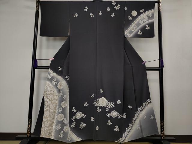 平和屋本店●極上 中国三大刺繍 相良刺繍 訪問着 総刺繍 正倉院花唐草文 濃い藍鉄色地 暈し染め 金銀糸 逸品 DZAB4489kh6