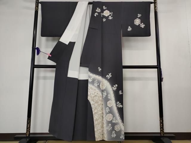 平和屋本店●極上 中国三大刺繍 相良刺繍 訪問着 総刺繍 正倉院花唐草文 濃い藍鉄色地 暈し染め 金銀糸 逸品 DZAB4489kh6