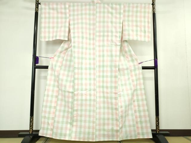 平和屋着物▽極上 越後片貝木綿 紺仁謹製 小千谷織物 単衣 格子 綿 反端付き 逸品 未使用 DZAB4494kh6