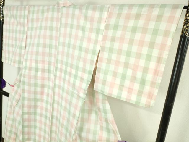 平和屋着物▽極上 越後片貝木綿 紺仁謹製 小千谷織物 単衣 格子 綿 反端付き 逸品 未使用 DZAB4494kh6