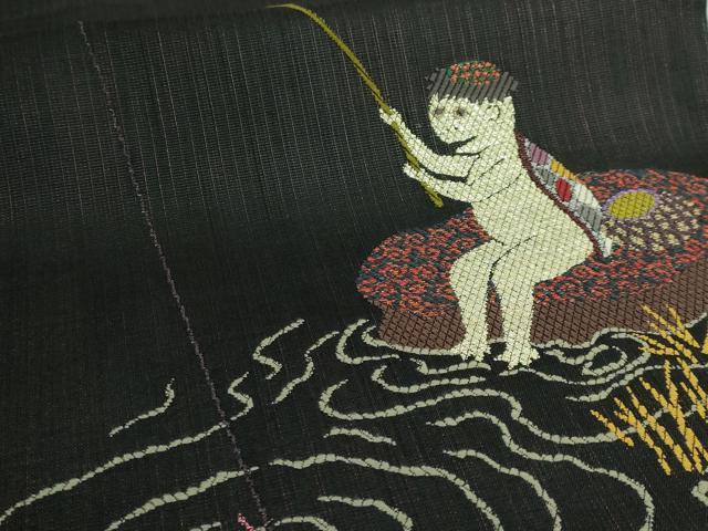 平和屋着物●極上 太鼓柄袋帯 スリーシーズン帯 河童 カッパ 釣り 黒地 金糸 逸品 DZAB4597kh6