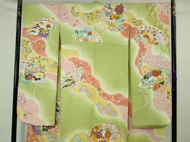 平和屋本店●極上 創業460年・千總 振袖 駒刺繍 檜扇花文 若葉色地 暈し染め 金彩 逸品 DZAB4608kh6