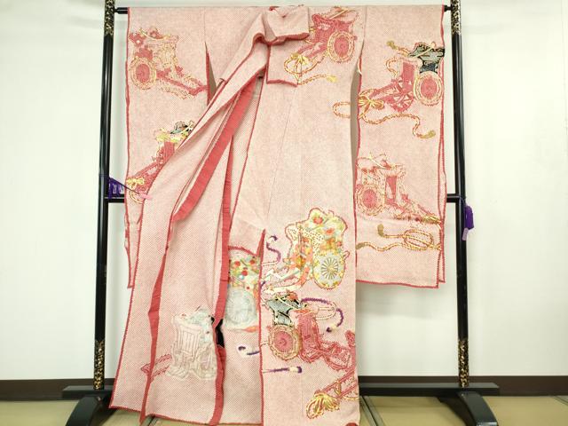 平和屋本店●最高級 本疋田絞り 振袖 仮絵羽 松坂屋調製 染織名作展 駒刺繍 絢爛絞繍御所車文様 金糸 上代200万 共箱付き 逸品DZAB4612kh6