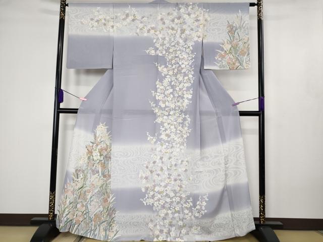 平和屋本店*極上 夏物 訪問着 絽 駒刺繍 枝梅 草花文 藤紫色地 暈し染め 金彩 逸品 DZAB4614kh6