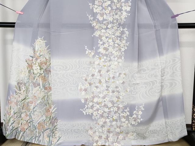 平和屋本店*極上 夏物 訪問着 絽 駒刺繍 枝梅 草花文 藤紫色地 暈し染め 金彩 逸品 DZAB4614kh6