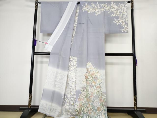 平和屋本店*極上 夏物 訪問着 絽 駒刺繍 枝梅 草花文 藤紫色地 暈し染め 金彩 逸品 DZAB4614kh6