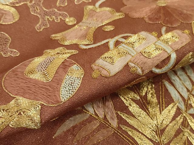 平和屋本店●最高級 中国三大刺繍 相良刺繍 駒刺繍 総手刺繍 訪問着 宝尽くし飛鶴文 濃い真赭色地 金糸 金通し地 三越扱い 逸品DZAB4616kh6
