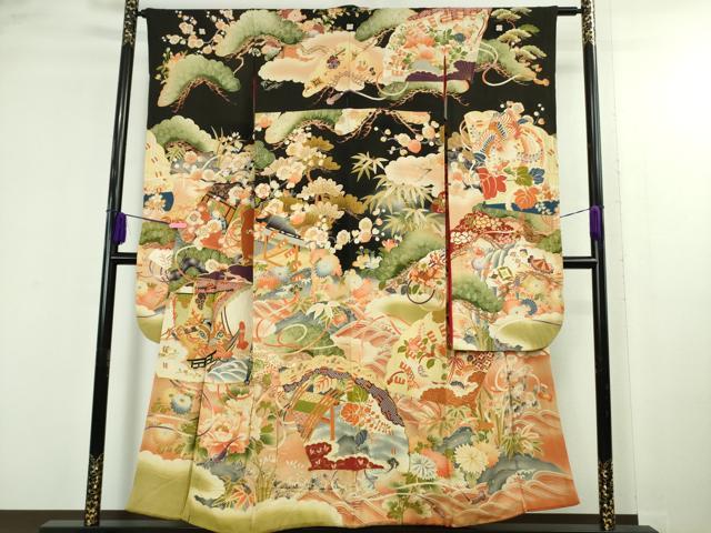 平和屋本店●極上 アンティーク 大正ロマン 振袖 駒刺繍 檜扇吉祥花文 暈し染め 黒地 金彩 逸品 DZAB4642kh6