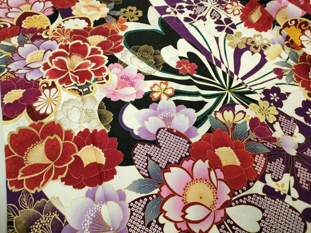平和屋着物●極上 振袖 刺繍 舞花文 黒地 銀通し地 逸品 DZAB4643kh6