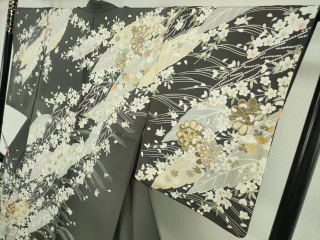 平和屋本店●極上 訪問着 駒刺繍 枝垂れ桜 舞葉花文 藍墨茶色地 金彩 逸品 DZAB4645kh6