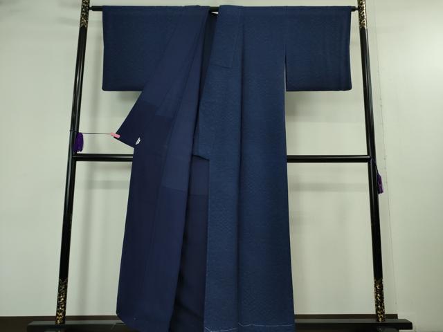 平和屋着物●極上 天然藍 藍染 古庄紀治 お召 名物裂花文 濃藍色 伊と幸 反端付き 逸品 未使用 DZAB4647kh6