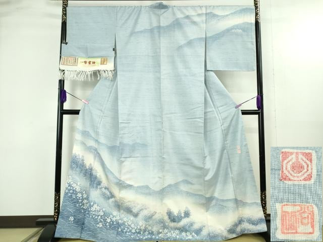 平和屋本店●極上 石川県指定無形文化財 牛首紬 白山工房 手織り 訪問着 作家物 山風景花文 さが美扱い 証紙付き 逸品 未使用 DZAB4655kh6