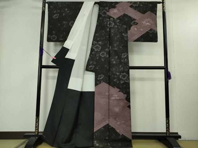 平和屋本店●極上 名門藤娘きぬたや 藤娘大島しぼり 本場大島紬 訪問着 スワトウ・相良刺繍 黒地 恵大島織物謹製 証紙付き 逸品DZAB4666kh6