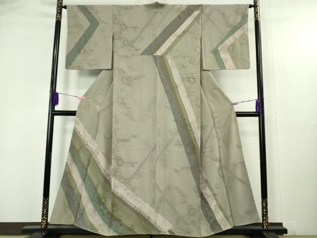 平和屋着物●極上 中国三大刺繍 スワトウ刺繍 汕頭刺繍 訪問着 草花文 灰汁色地 逸品 DZAB4667kh6