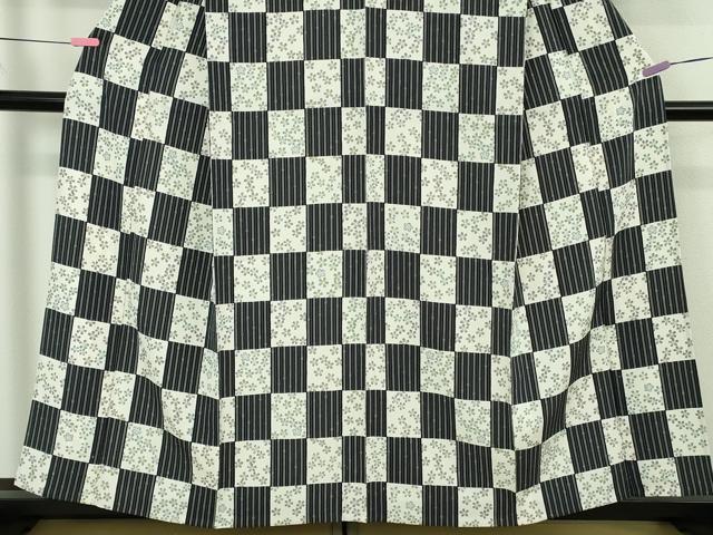 平和屋着物▽極上 小紋 単衣 市松花文 竹縞 逸品 未使用 DZAB4669kh6