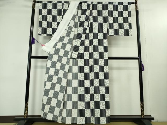 平和屋着物▽極上 小紋 単衣 市松花文 竹縞 逸品 未使用 DZAB4669kh6