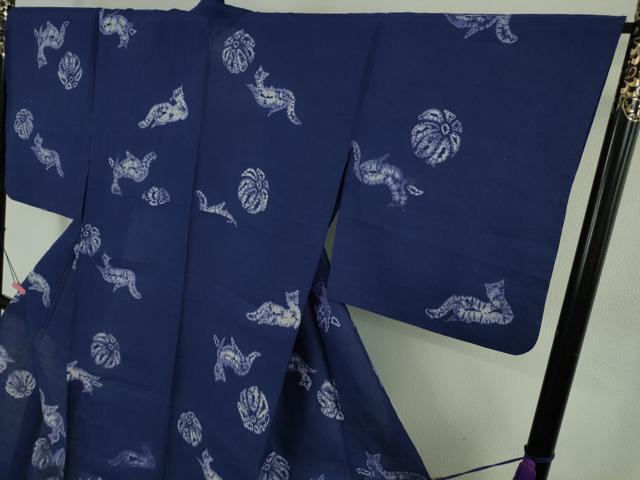 平和屋本店∴極上 夏物 浴衣 有松鳴海絞り 猫 ネコ 花 紺藍色地 麻 逸品 DZAB4673kh6
