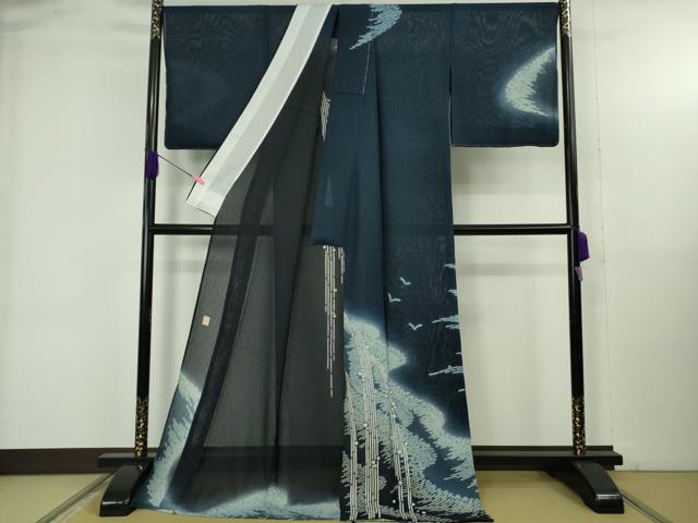 平和屋本店*極上 夏物 十日町 名門 滝泰謹製 訪問着 ロング丈 絞り 滝 鉄紺色地 暈し染め 反端付き 逸品 DZAB4674kh6