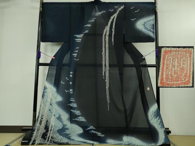 平和屋本店*極上 夏物 十日町 名門 滝泰謹製 訪問着 ロング丈 絞り 滝 鉄紺色地 暈し染め 反端付き 逸品 DZAB4674kh6