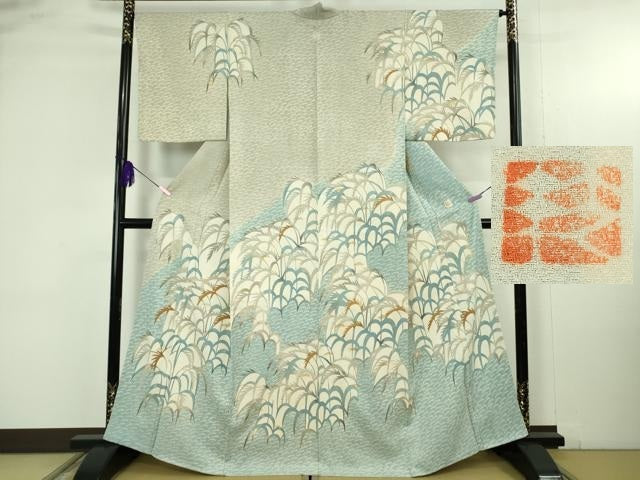平和屋本店●超希少 日本工芸会会員 染織作家 人間国宝 鈴田照次 木版摺更紗 訪問着 型染 草葉文 金彩 逸品 DZAB4679kh6