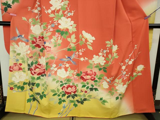 平和屋本店●極上 本加賀友禅作家 成竹登茂男 振袖 花鳥文 暈し染め 金赤色地 西武百貨店扱い 逸品 DZAB4680kh6