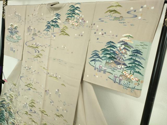 平和屋本店●極上 訪問着 友禅 作家物 渡橋風景花文 枯野色地 逸品 DZAB4688kh6