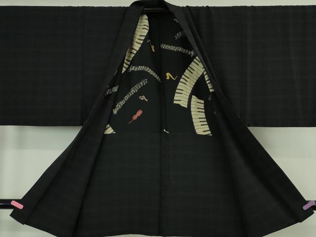 平和屋本店∞極上 男性 長羽織 格子 黒地 羽裏・ピアノ バイオリン 楽器 逸品 DZAB4699kh6