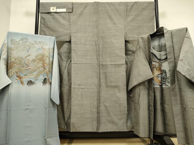 平和屋本店●希少 男性 本場筑前博多織 紬 アンサンブル 長襦袢(袷)・長羽織セット 羽裏・龍 虎 茶鼠色 証紙付き 逸品 DZAB4701kh6