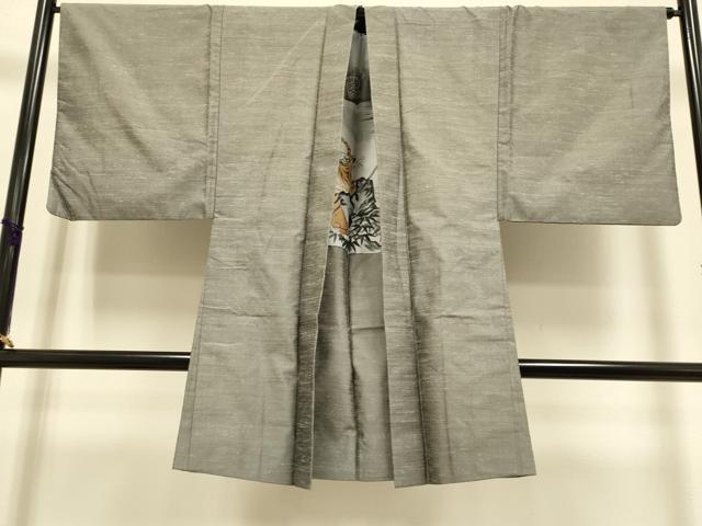 平和屋本店●希少 男性 本場筑前博多織 紬 アンサンブル 長襦袢(袷)・長羽織セット 羽裏・龍 虎 茶鼠色 証紙付き 逸品 DZAB4701kh6
