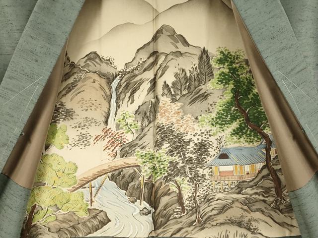 平和屋本店●極上 男性 紬 アンサンブル キングサイズ 長羽織 着物:消炭色 羽織;藍海松茶色 逸品 DZAB4712kh6