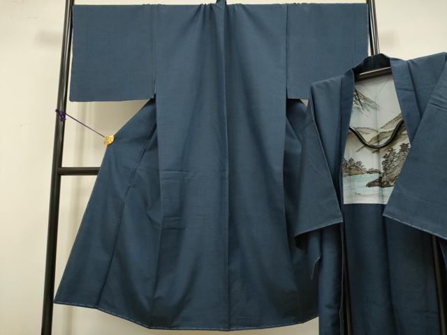 平和屋着物●極上 男性 紬 アンサンブル キングサイズ 長羽織 濃い青藍色 逸品 未使用 DZAB4715kh6
