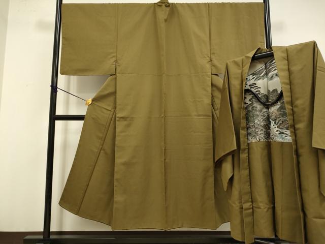 平和屋着物●極上 男性 色無地 アンサンブル キングサイズ 紋付き長羽織 お召地 濃い路考茶色 逸品 未使用 DZAB4716kh6