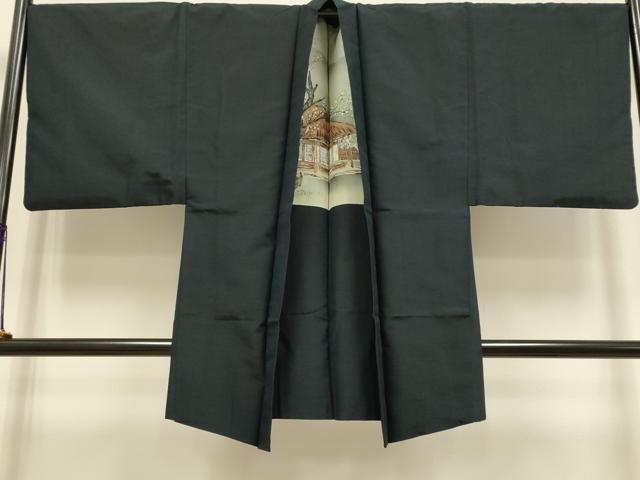平和屋着物●極上 男性 紬 アンサンブル 長羽織 色無地 濃い藍鉄色 逸品 DZAB4717kh6