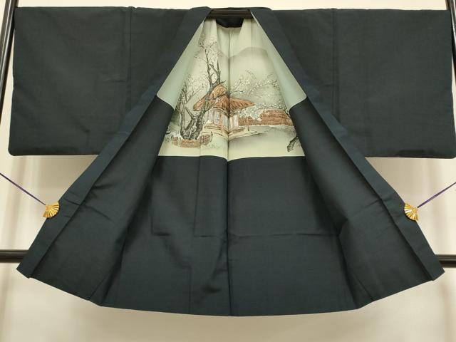 平和屋着物●極上 男性 紬 アンサンブル 長羽織 色無地 濃い藍鉄色 逸品 DZAB4717kh6