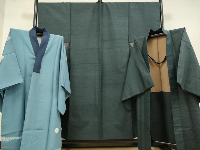 平和屋着物●極上 男性 紬 アンサンブル キングサイズ 長襦袢(袷)・長羽織セット 濃い鉄御納戸色 逸品 DZAB4718kh6