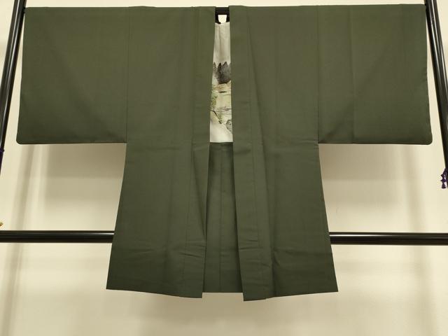 平和屋着物●極上 男性 お召 アンサンブル 長羽織 色無地 着物:濃い利休色 羽織:濃い灰汁色 逸品 DZAB4727kh6